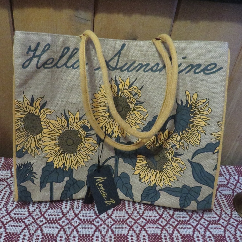 NWT Mona B Hello Sunshine Burlap Bag - Picture 2 of 6